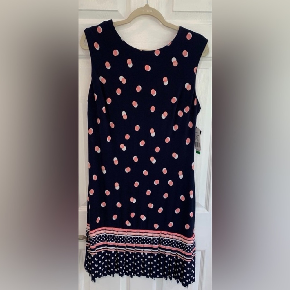 Sandra Darren Navy Dress with Coral and White Dots